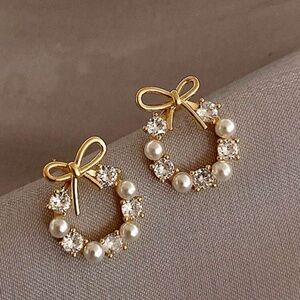 Gold Tone Bow Pearl rhinestone Stud Earrings Dainty Statement Earrings